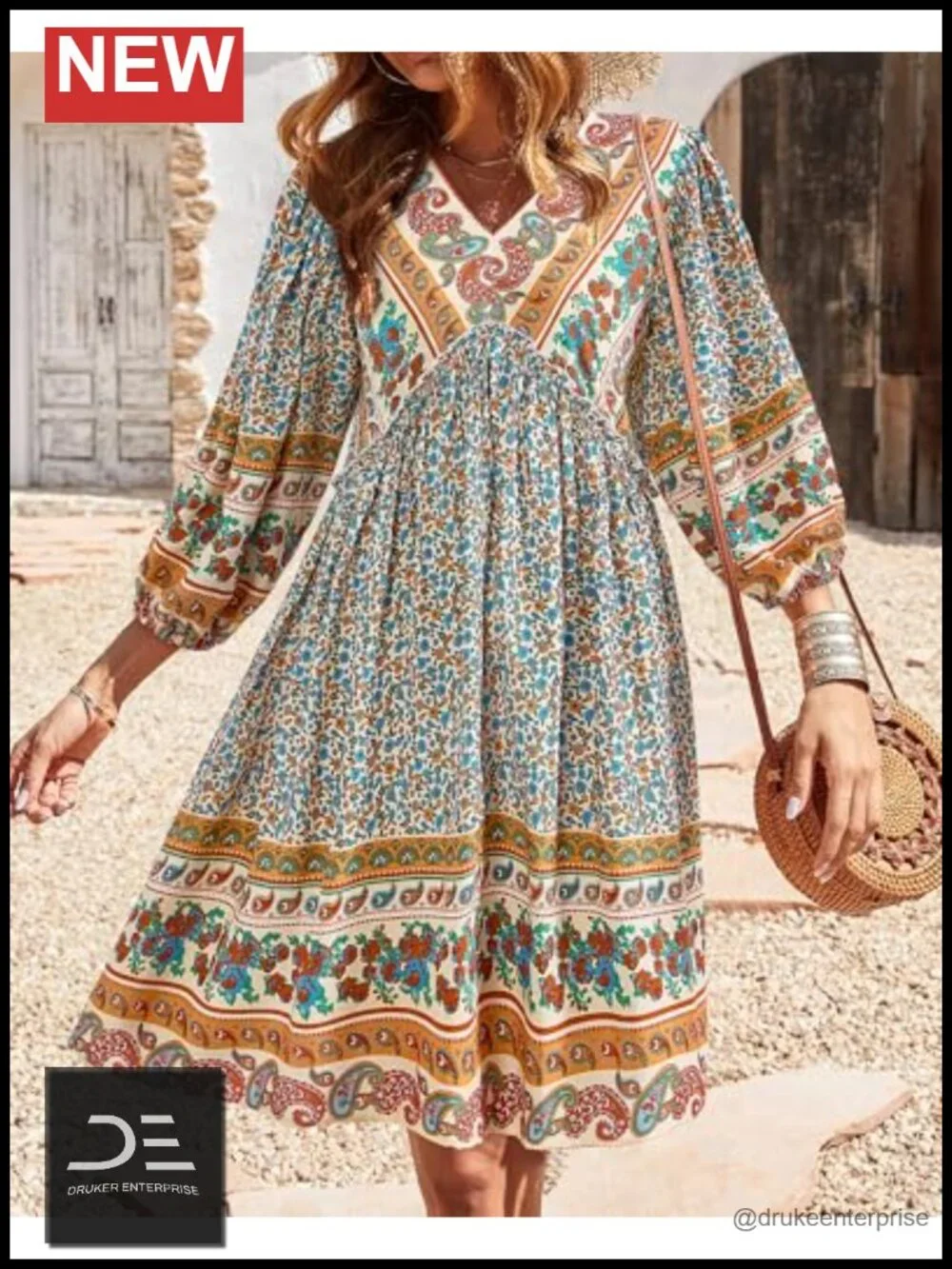 V Neck 3/4 Sleeve Ruffle Floral Flowy Boho Babydoll Mini Dress